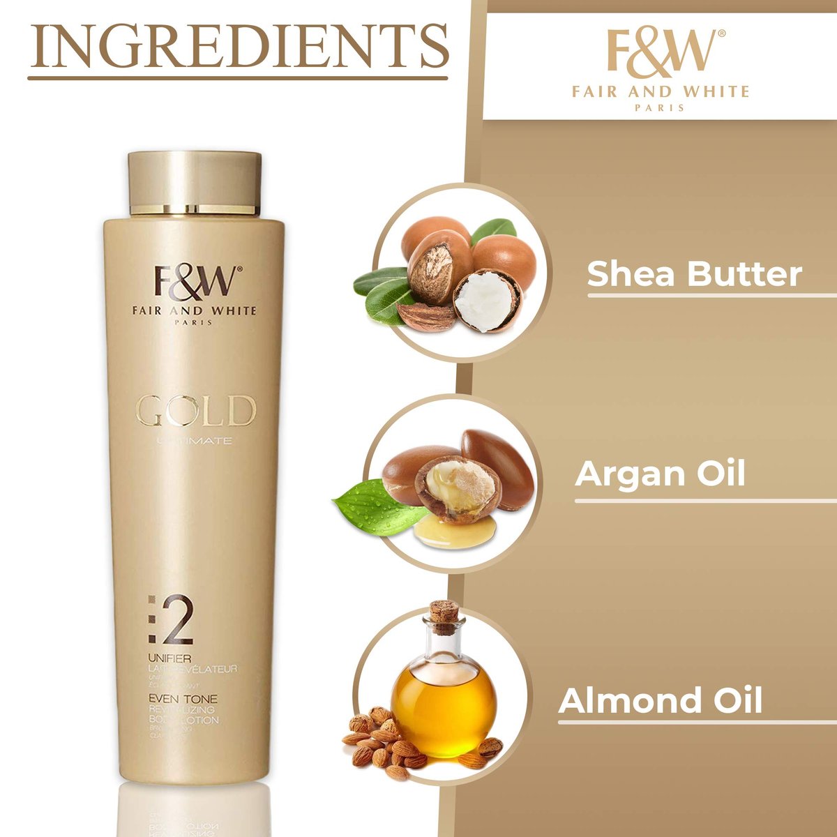 FAIR & WHITE 2: Gold Revitalizing Body Lotion with Argan Oil, Vitamin E & Shea Butter – 500ml / 17.6 Fl Oz Avelisse
