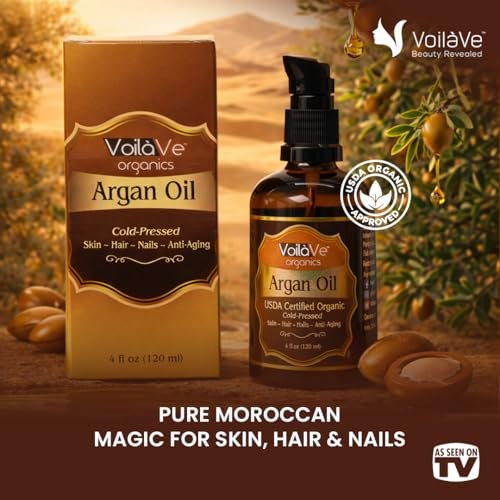 VoilaVe USDA Pure Organic Moroccan Argan Oil for Skin, Nails & Hair Growth - Anti-Aging Face Moisturizer, Cold Pressed, Rich in Vitamin E - 4 fl oz Avelisse
