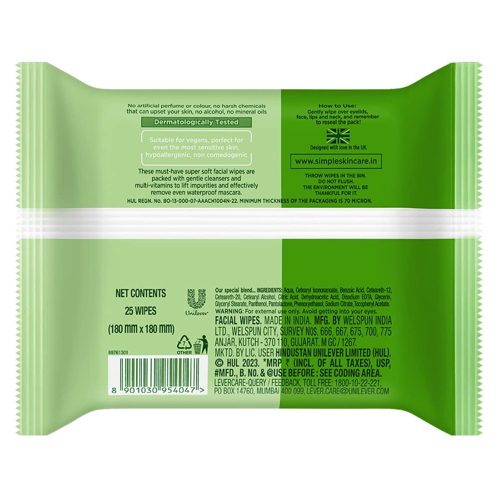 Simple Kind to Skin Cleansing Facial Wipes, 25 Count (Pack of 6) - Gentle Daily Face Wipes for Sensitive Skin Avelisse