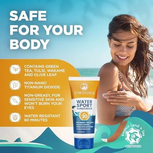 STREAM 2 SEA SPF 30 Biodegradable Mineral Sunscreen - 3 Fl Oz Non-Greasy & Moisturizing Reef Safe Sunscreen for Face and Body UVA/UVB Protection Avelisse