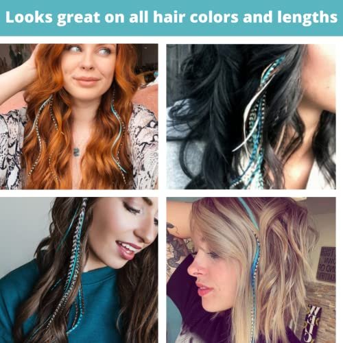 Hair Feathers Extensions Kit - Long Real Rooster Feathers with Microlink Beads & Loop Tool - Turquoise & Brown Naturals (20-Pack) Avelisse