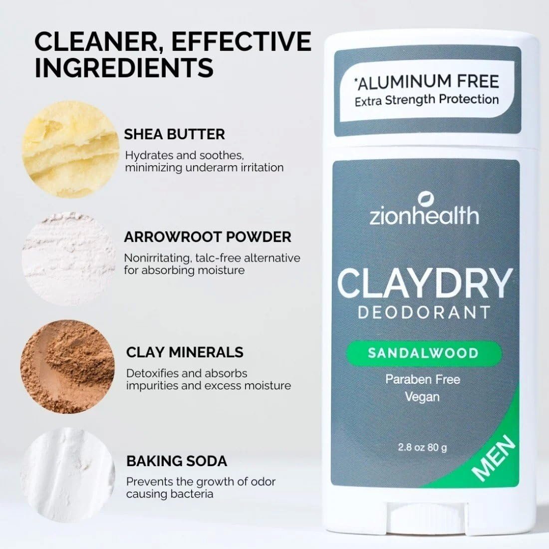 Natural Clay Dry Deodorant for Men – Sandalwood Scent – 2.8 oz Stick by Zion Health - görsel 8