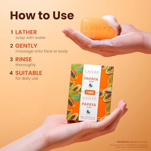 LAISAE Papaya Exfoliating Soap – Hydrating Face Moisturizer with Niacinamide, Shea Butter & Aloe Vera – Even Skin Tone Body Cleansing Bar for Sensitive Skin – Vegan, 3.52 oz (2 Bars) Avelisse