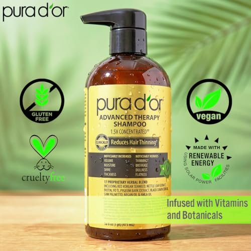 PURA D'OR Advanced Therapy Shampoo 16 oz - Reduces Hair Thinning & Increases Volume, Biotin & Argan Oil Infused, Sulfate-Free for All Hair Types Avelisse