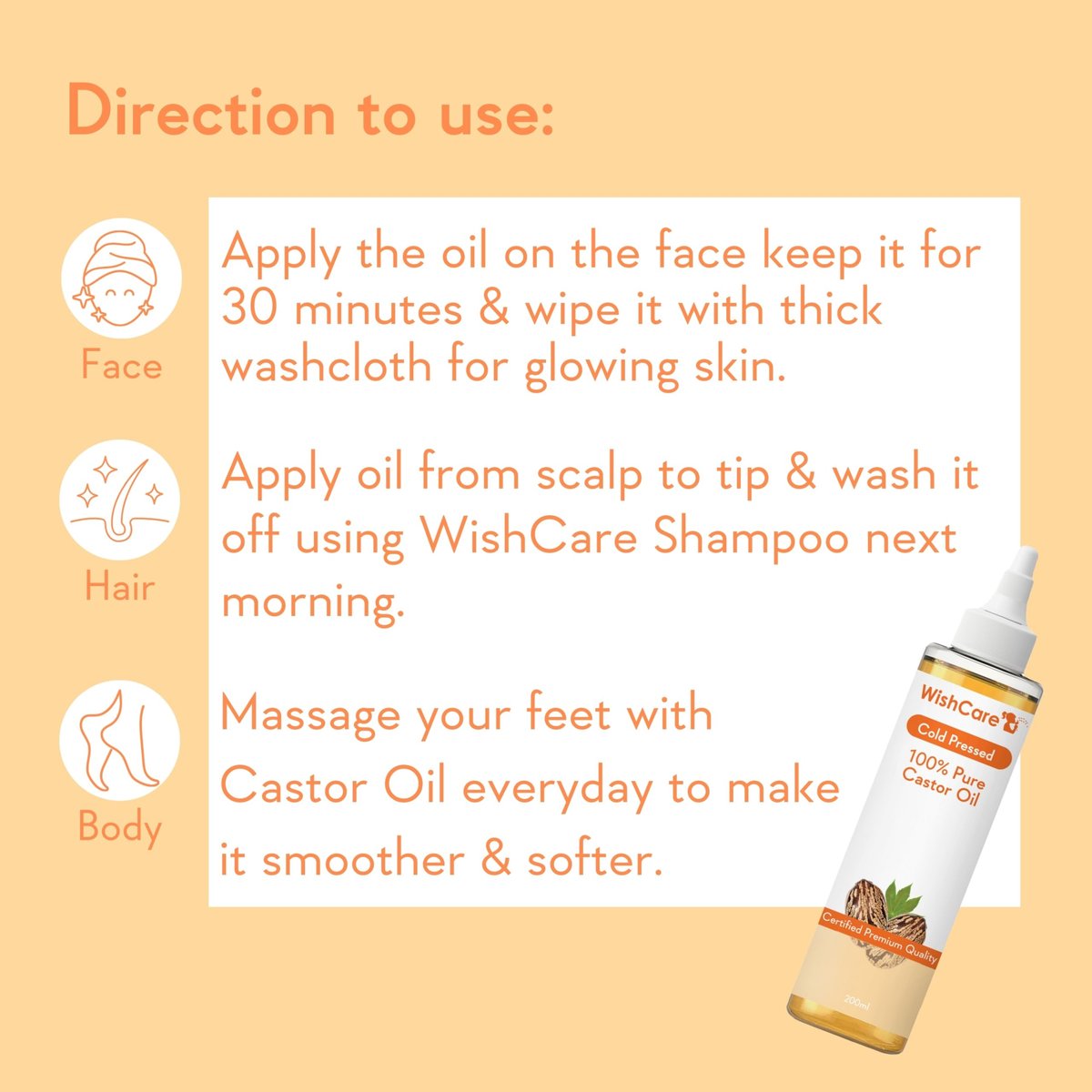 WishCare Premium Cold Pressed Castor Oil for Hair & Skin - 200ml (6.8 Fl Oz) - görsel 10