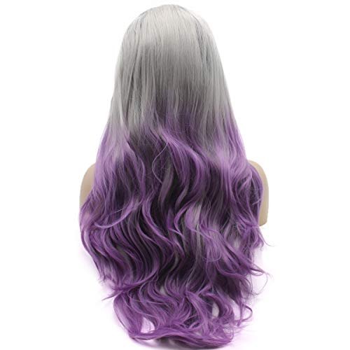 Lushy Hair 26inch Wavy Long Lace Front Synthetic Wig - Dark Root Gray Purple Ombre, Heat Resistant Heavy Density Realistic Wig - görsel 8