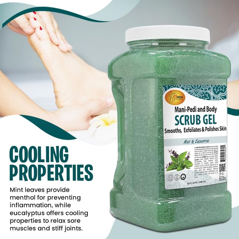 SPA REDI Exfoliating Scrub Pumice Gel - Mint & Eucalyptus, 128 oz - Professional Manicure, Pedicure & Body Exfoliator with Hyaluronic Acid, Amino Acids, Panthenol & Comfrey Extract Avelisse