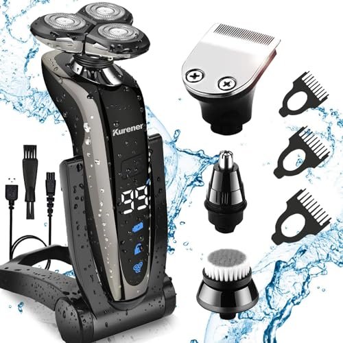 Kurener Electric Shaver for Men - Rechargeable, 100% Waterproof Rotary Razor with Nose Trimmer, Sideburns Trimmer & Face Cleaning Brush Avelisse