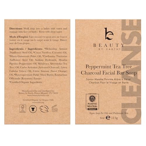 Beauty by Earth Peppermint Tea Tree Charcoal Facial Bar Soap - Natural & Organic Face Wash for Acne, Eczema, Psoriasis - Detoxifying Black Soap for Oily & Sensitive Skin (4 oz) Avelisse