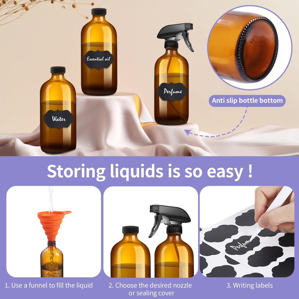 Sietpoek 9-Pack Glass Spray Bottles 16oz - Empty Amber Refillable Containers for Essential Oils, Cleaning, Aromatherapy Avelisse