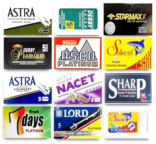 60 Double Edge Razor Blades Sampler - 12 Different Brands (5 Each) | Astra, Derby, Shark, Starmaxx, Sharp, Lord & More Avelisse