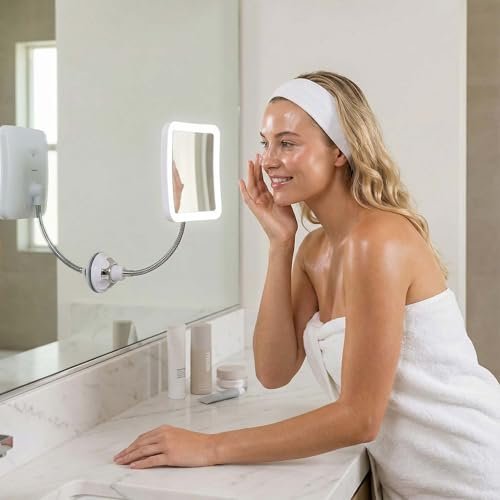 Fancii Flexible Magnifying Mirror 10X with LED Light and Gooseneck - Lighted Travel Makeup Mirror with Lock Suction, Natural Daylight LED, Cordless and Portable (Mira Plus) Avelisse