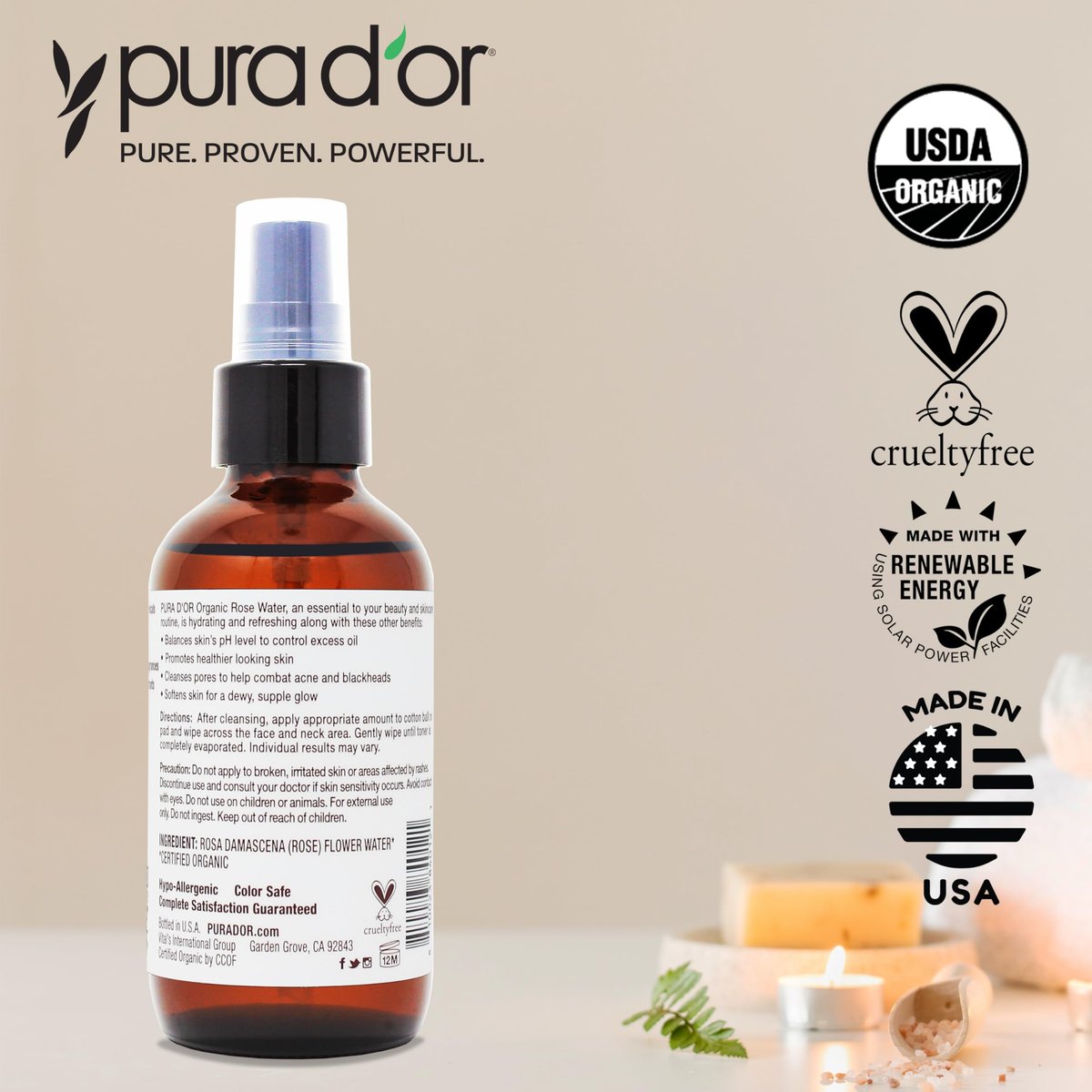 PURA D'OR Organic Rose Water Toner - USDA Certified 100% Pure, Hydrating & Balancing Facial Mist for All Skin Types (4 oz) Avelisse