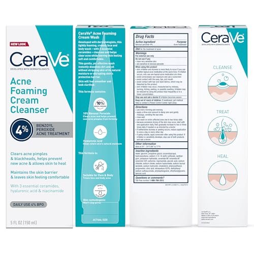CeraVe Acne Foaming Cream Cleanser with 4% Benzoyl Peroxide, Hyaluronic Acid, Niacinamide & Ceramides – Gentle Daily Acne Treatment Face Wash, 5 Fl Oz Avelisse