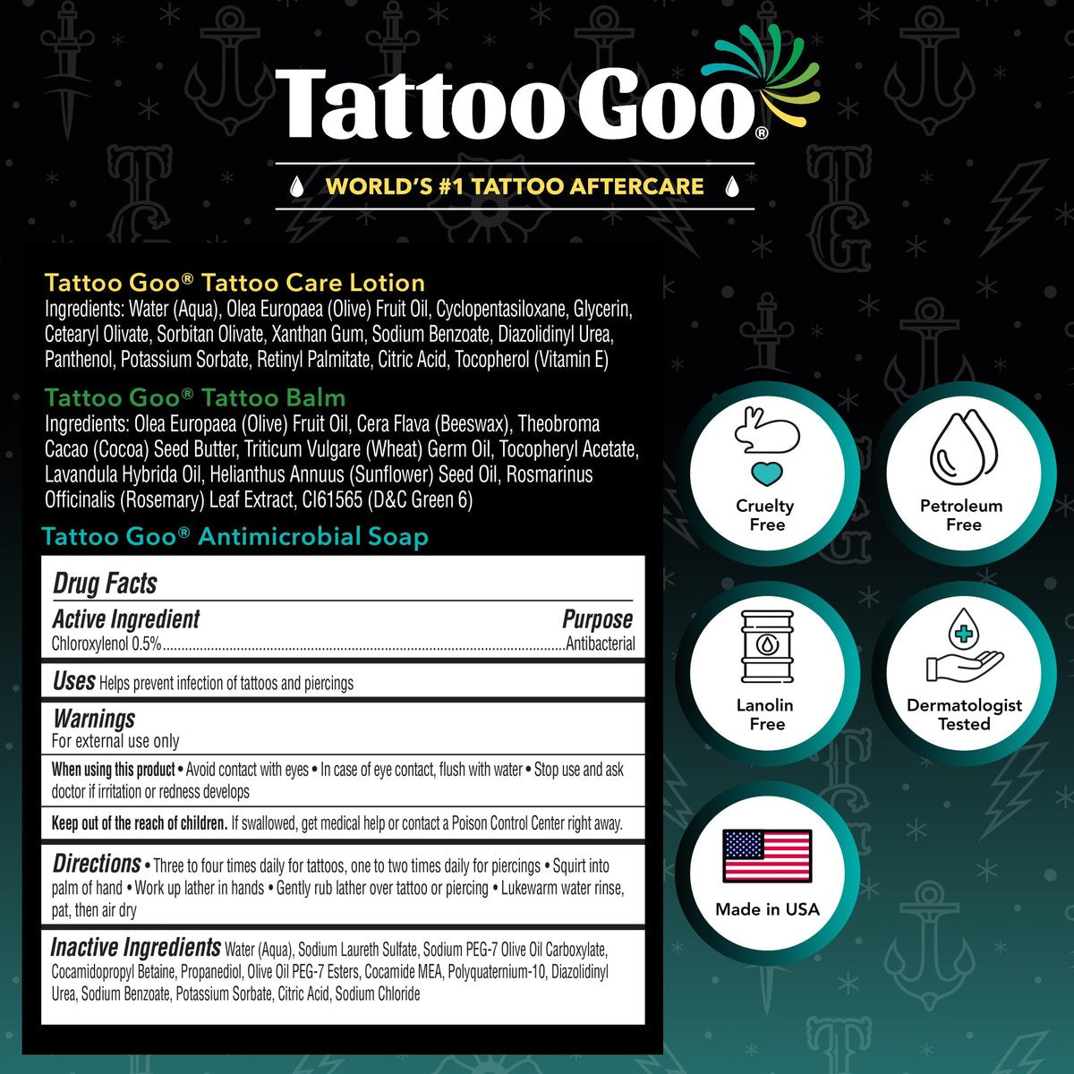 Tattoo Goo Tattoo Aftercare Kit – Complete 3-Piece Set with Antimicrobial Soap, Tattoo Balm & Healing Lotion for Fresh Ink, Ongoing Maintenance & Piercing Care Avelisse