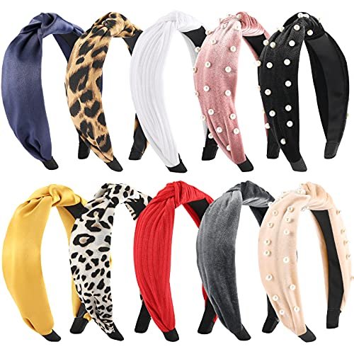 Funtopia 10-Piece Knotted Pearl Wide Headbands Set – Velvet, Leopard Print & Turban Styles for Women & Girls Avelisse