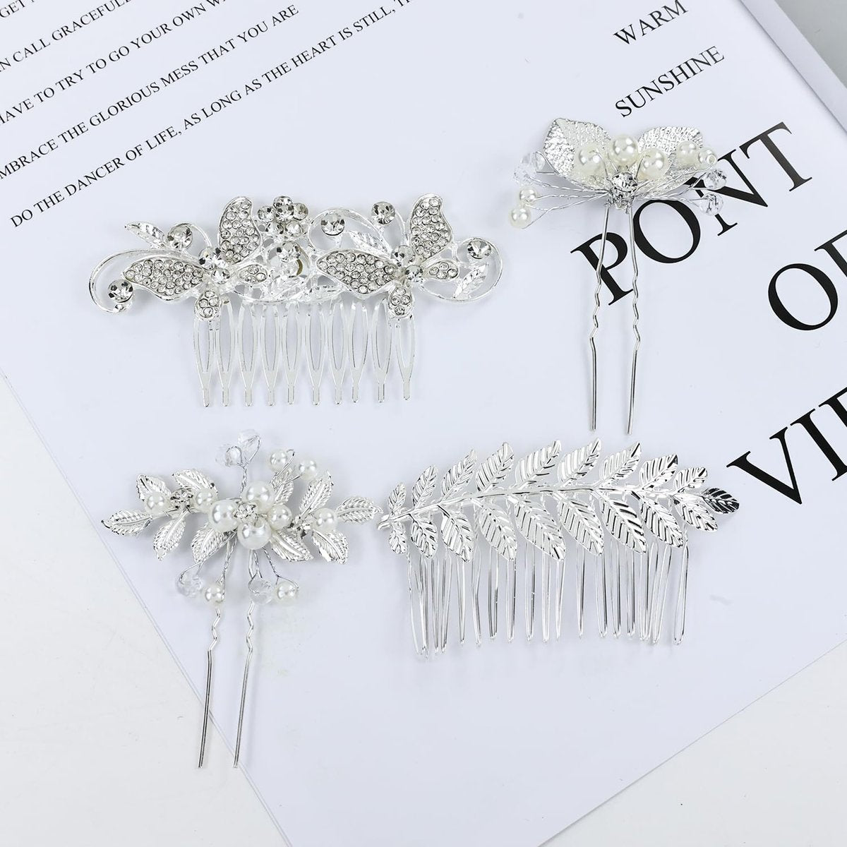 Cinaci 40-Piece Silver Rhinestone Butterfly Leaf Flower Bridal Hair Combs and Pins Set Avelisse
