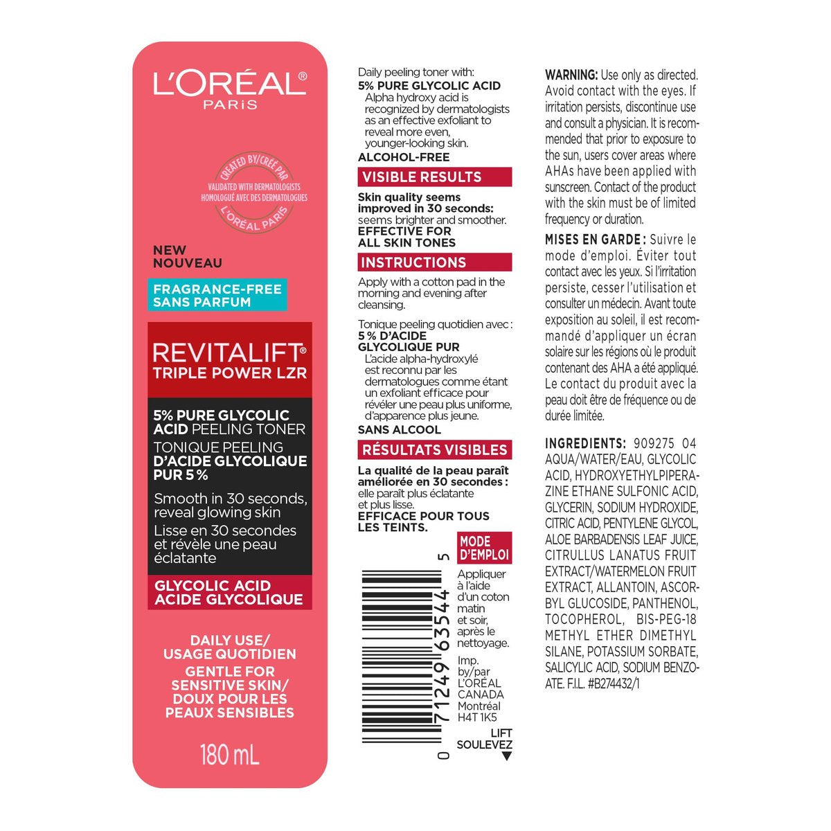 L'Oreal Paris Revitalift 5% Pure Glycolic Acid Peeling Toner with Aloe Vera, Alcohol Free, Fragrance Free, 6 fl oz Avelisse