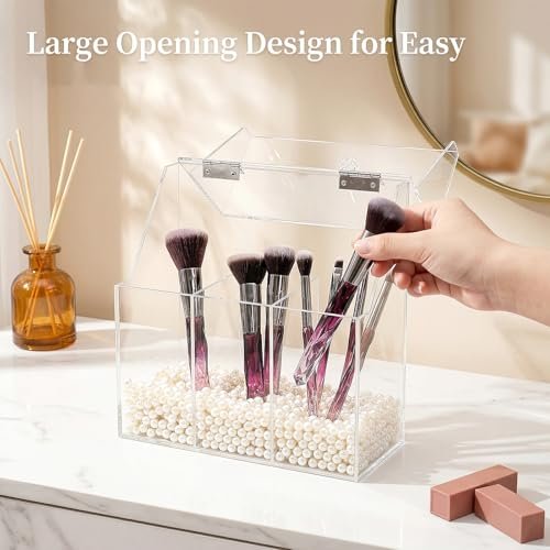 Okllen Acrylic Makeup Brush Holder with Dustproof Lid and 3 Compartments – Clear Cosmetic Organizer for Vanity, Bathroom, Bedroom Avelisse