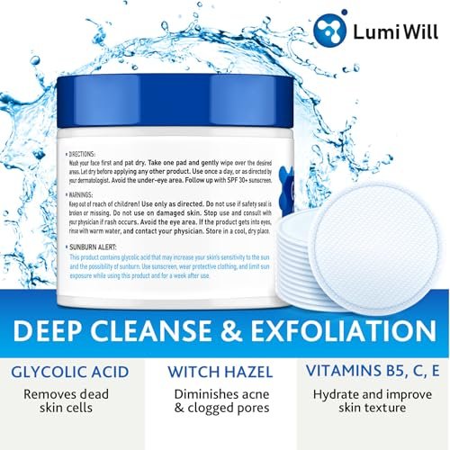 LUMI WILL Glycolic Acid Pads 35% – Exfoliating Face Pads with Vitamins B5, C, E & Green Tea – Resurfacing Acid Exfoliator for Uneven Tone & Texture – At-Home Chemical Exfoliant for Face – 50 Pre-Soaked Pads Avelisse