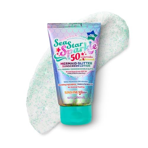 SUNSHINE & Glitter Seastar Sparkle Mermaid Watermelon Lemonade Scented SPF 50 Sunscreen Lotion with Biodegradable Glitter - Water Resistant, Cruelty Free, Kid Safe, Made in USA, 3.4 oz Avelisse