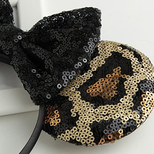 CHuangQi Mouse Ears Headband with Shiny Bow - Double-Sided Sequins Glitter Hair Band for Birthday Party & Events (Leopard&Black) - görsel 10