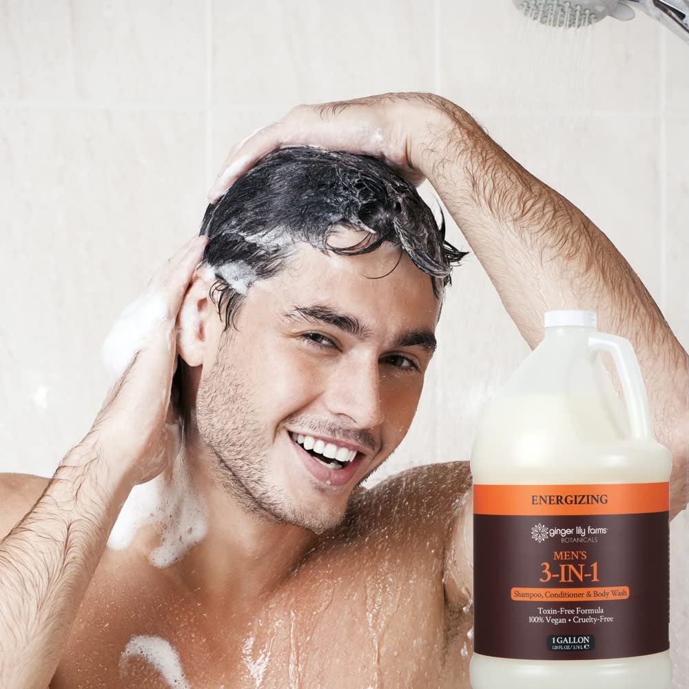 Ginger Lily Farms Botanicals Men's 3-in-1 Shampoo, Conditioner & Body Wash - 100% Vegan & Cruelty-Free, Energizing Scent, 1 Gallon (128 fl oz) Refill Avelisse