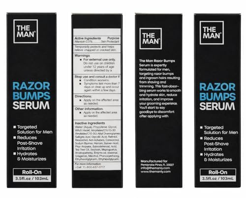 The Man Razor Bumps Serum - Ingrown Hair Treatment for Men - Razor Bump Treatment for Men - Face & Body After Shave & Razor Burn Treatment - Metal Roll On Soothes Skin & Calms Irritation (3.5 fl oz) Avelisse