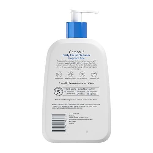 Cetaphil Daily Facial Cleanser for Sensitive, Combination to Oily Skin, 16 oz - Fragrance Free, Gentle Foaming, Soap Free, Hypoallergenic Avelisse