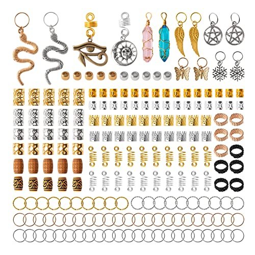 200pcs Hair Beads Jewelry Set - Dreadlocks Gem Crystal Charms, Metal Coils Rings, Gold and Silver Pendants, Braid Cuffs, Clips, Loc Tube Bead Braid Accessories for Braids Decoration - görsel 15