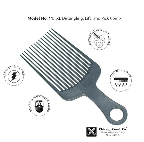 Chicago Comb Model 11 Carbon Fiber Large Hair Pick - Anti-Static, 7.5 Inches (19 cm), Made in USA Avelisse