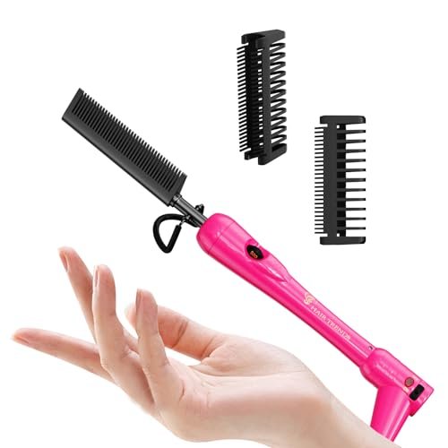 Mini Pink Hot Comb 500 Degree – Dual Voltage Electric Pressing Comb for Black Hair, Portable Ceramic Straightening Comb for 4C Hair, Wigs & Beard Avelisse