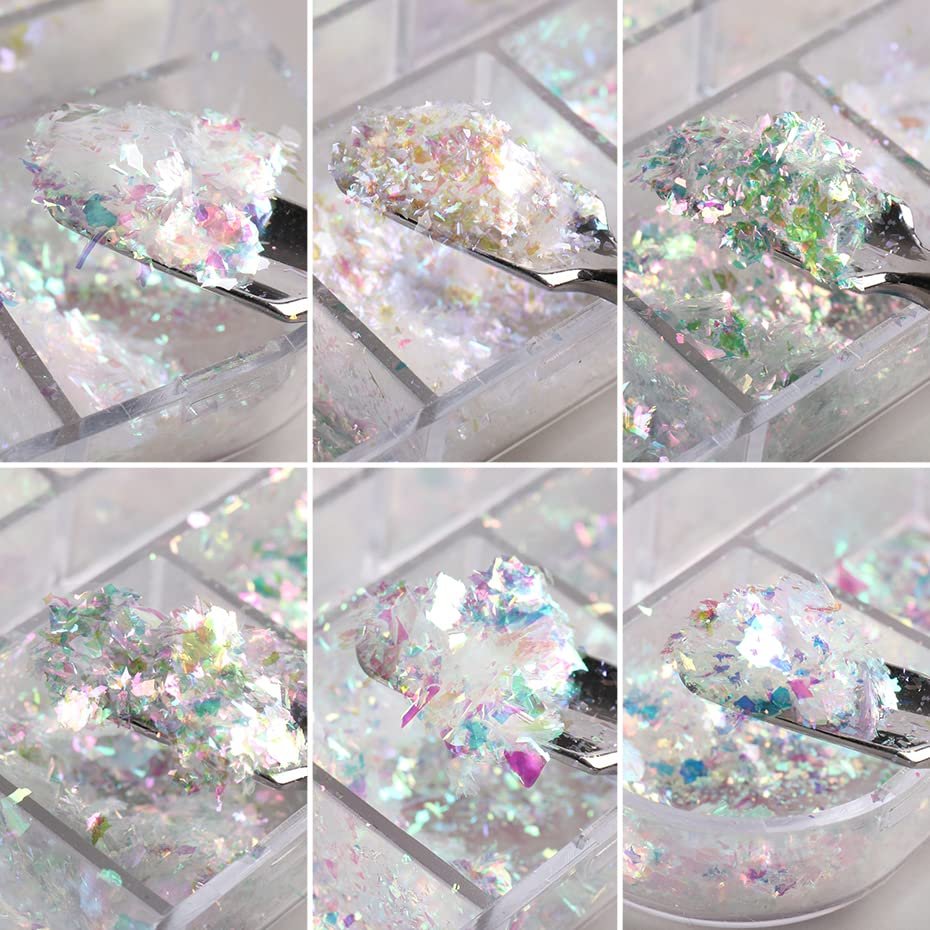 12 Grids Holographic Nail Art Glitter Flakes - Iridescent Mermaid Colorful Star Gradient Ice Slag Sequins for Summer Nail Decoration - görsel 9