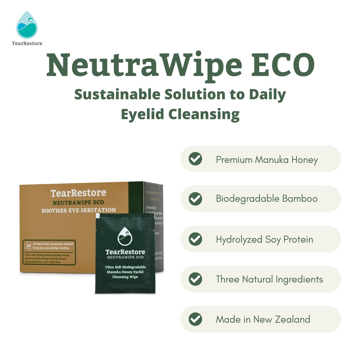 TearRestore NeutraWipe Eco Manuka Honey Eyelid Wipes – Ultra-Soft Biodegradable Eyelash Cleanser for Blepharitis & Dry, Itchy, Swollen, Irritated Eyes (30 Count) Avelisse