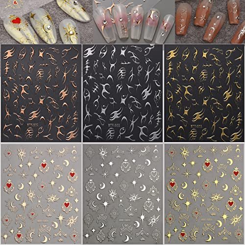6 Sheets Sun Star Nail Art Stickers - Moon, Fish Bone, Gold & Silver Nail Decals for Acrylic Nails - görsel 14