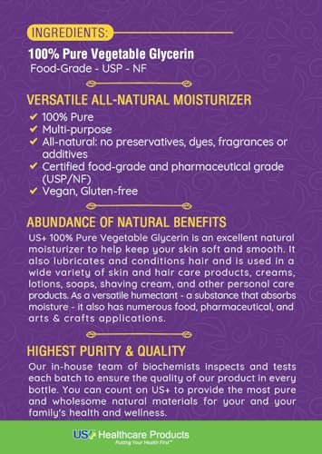 US+ 100% Pure Vegetable Glycerin - Pharmaceutical & Food Grade (USP) - Premium Quality All-Natural Moisturizer & Cleanser - For Skin, Hair, Soaps & More (1 Gallon) Avelisse
