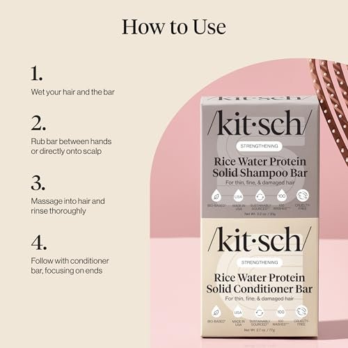 Kitsch Rice Water Protein Solid Shampoo and Conditioner Set for Hair Growth – Strengthening Hair Care Duo with Rice Protein & Vitamins – Paraben, Sulfate & Silicone Free, Made in USA (5.9 oz, Pack of 2) Avelisse