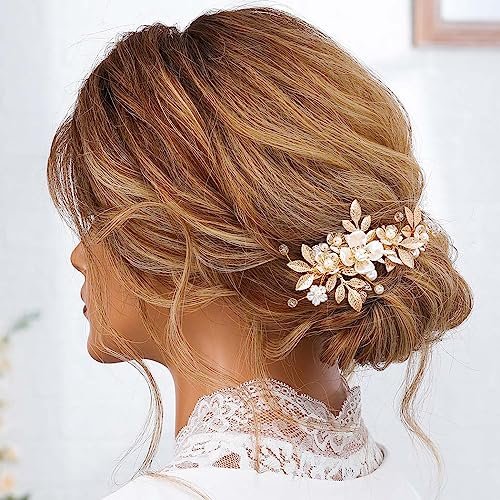 JAKAWIN Gold Hair Clip Bridal Hair Accessories Flower Hair Piece for Women - Elegant Metal Hair Clip (Gold) Avelisse