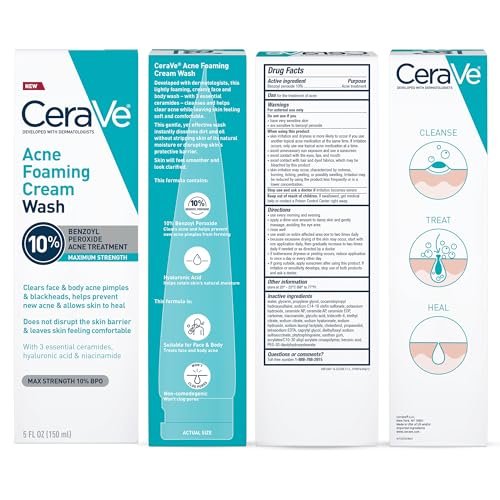 CeraVe Acne Foaming Cream Wash with 10% Benzoyl Peroxide - Gentle Face and Body Cleanser for Acne-Prone Skin, 5 Oz Avelisse