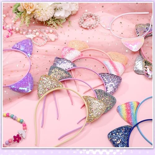 Hoemwarm 50-Pack Sequin Glitter Kitty Headbands - Shiny Cat Ear Hair Accessories for Girls and Adults, 25 Colors, Birthday Party Decorations Avelisse