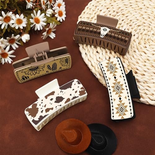 Yussti Western Leather Hair Claw Clips – Sunflower Floral Square Claw Clips for Hairstyling, Southwest Cow Print Cowhide Hair Accessories, Large Aesthetic Western Cowgirl Gift for Women Girls (Brown/Black/White, Pack of 4) Avelisse