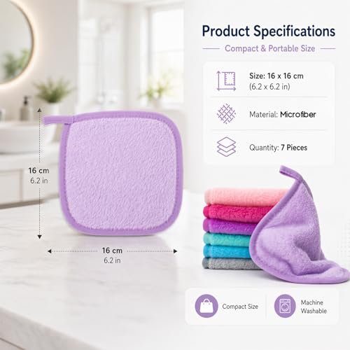 Sukh Makeup Remover Cloth - 7PCS Reusable Microfiber Face Towels, 6x6 Inch Soft Facial Cleansing Cloths for Women, Gentle Washable Makeup Remover Pads for All Skin Types, Travel & Daily Use - görsel 14