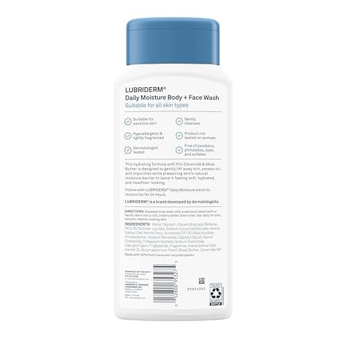 Lubriderm Daily Moisture Body + Face Wash, Hydrating Body Wash and Moisturizing Facial Cleanser with Pro-Ceramide & Shea Butter, Hypoallergenic, 16 fl. oz - görsel 18