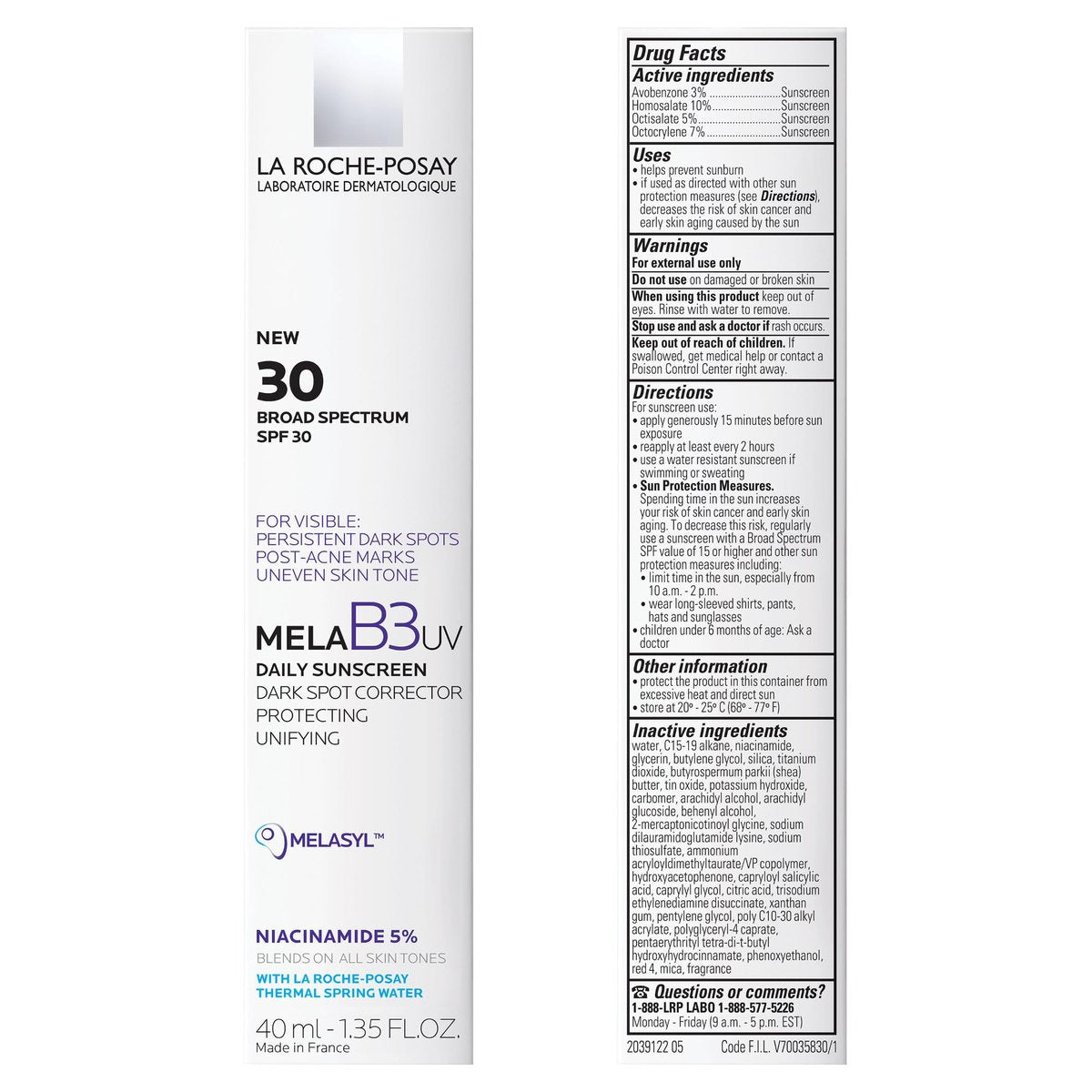 La Roche-Posay Mela B3 UV Daily Sunscreen SPF 30 Face Moisturizer with Melasyl & 5% Niacinamide – Anti-Aging, No White Cast, 40ml Avelisse