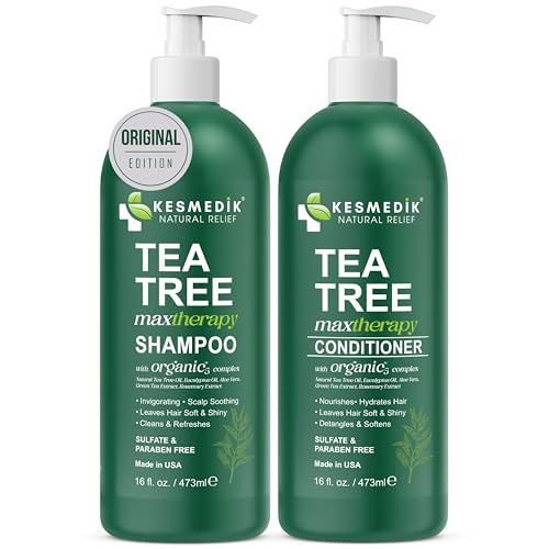 KESMEDIK Tea Tree Oil Shampoo and Conditioner MaxTherapy Set - Itchy Scalp Relief, Refreshes & Cleanses Dandruff & Buildup, Clarifying for Oily Hair, Women & Men, 16 fl oz Each Avelisse