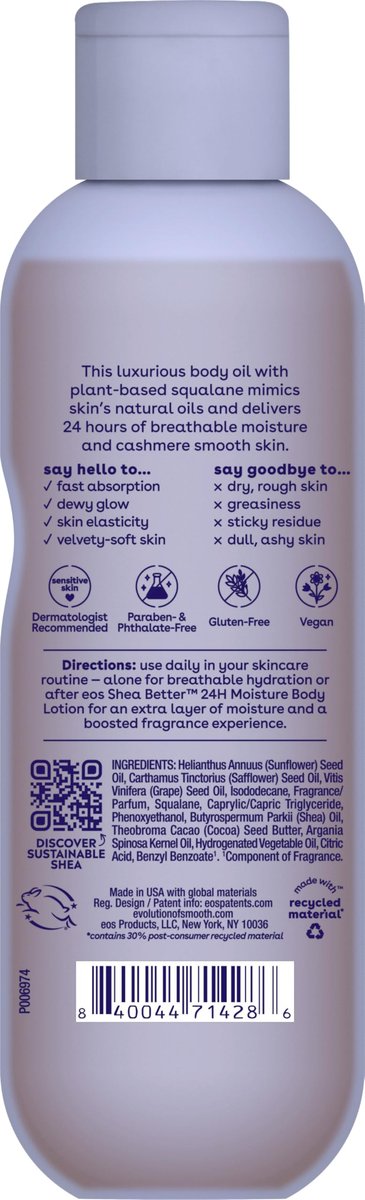 eos Cashmere Oil Vanilla - 24 Hour Moisture Body Oil with Plant-Based Squalane, 6 fl oz Avelisse