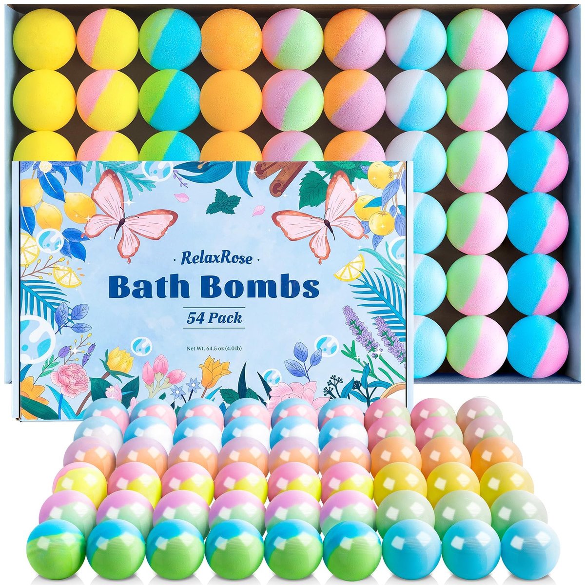 54 Pack Handmade Bath Bombs – 11 Vibrant Colors & 9 Unique Scents, Long-Lasting Fizzy Bubbles & Colorful Magic, 7-Minute Dissolve for Relaxation, Perfect for Birthdays & Summer Self-Care Avelisse