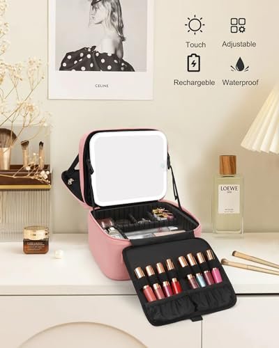 Relavel Makeup Bag with LED Mirror – Travel Makeup Case with Rechargeable Lighted Mirror, 3 Color Lights, Dual Layer Cosmetic Box, Leather Pink - görsel 16