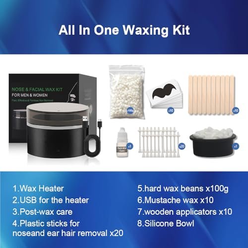 Nose Wax Kit for Men & Women - Nose Hair Wax Kit with 100g Wax Beads, 20 Sticks, Mini Wax Warmer, Portable USB Wax Kit for Facial Hair Removal (Black-USB) Avelisse