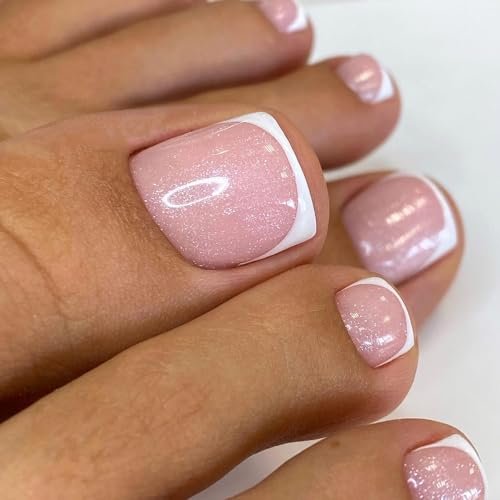 24PCS White French Tip Press on Toenails Short Square Natural Nude Glitter Fake Toenails Acrylic Toe Nails - Classic Seamless Fit Summer Glue on Toe Nails for Women - görsel 14